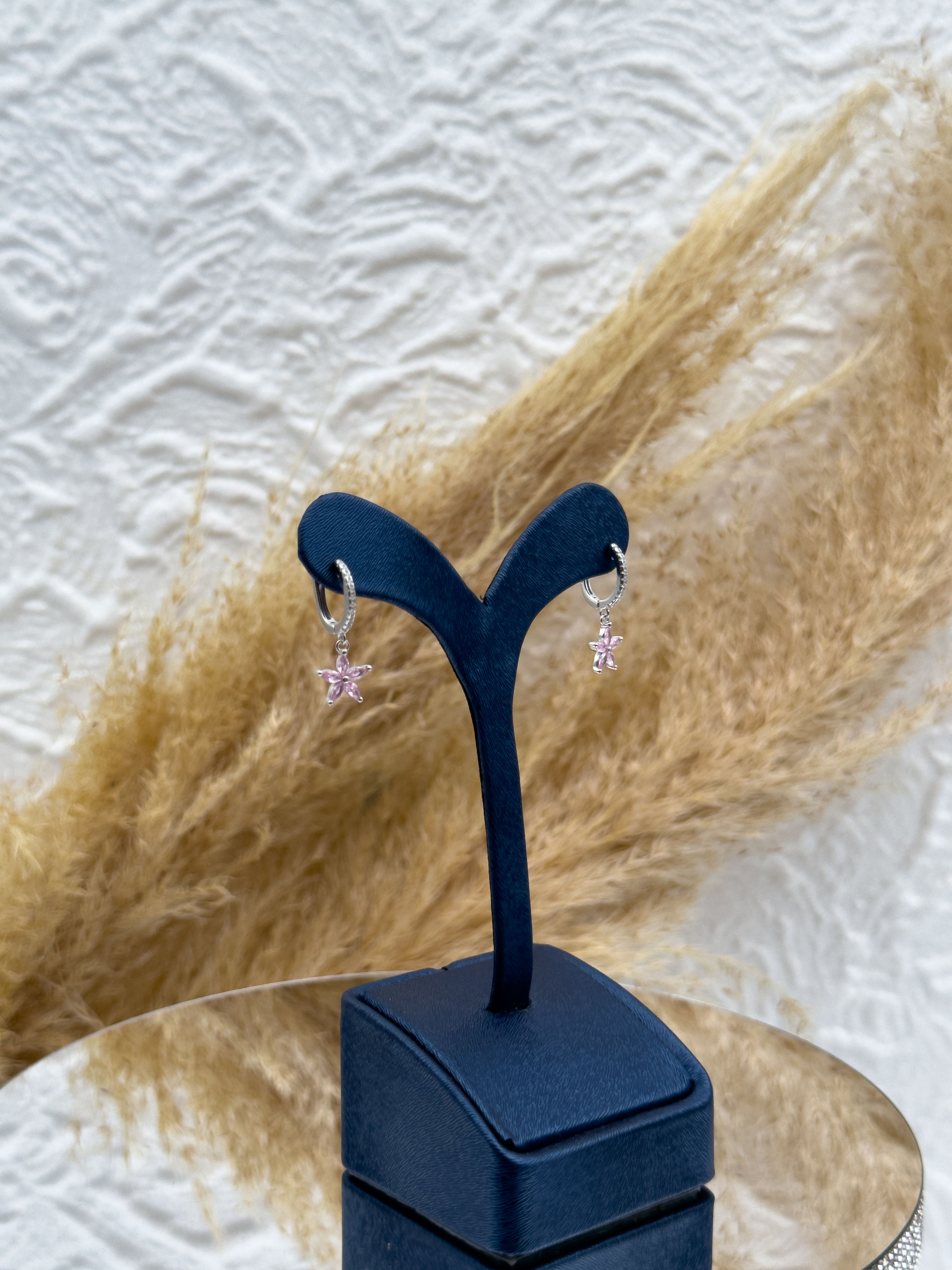 925 Ayar Gümüş Pembe Kuvars Taşlı Lotus Modeli Kadın Küpe